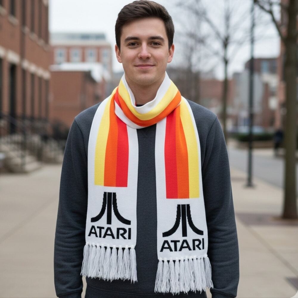 Atari Knit Scarf White with Logo & Stripes NWT